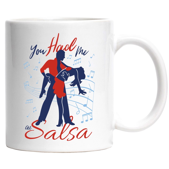 Cana Cu Doi Parteneri Dansabd Salsa Imbracati In Rosu, Text In Engleza You Had Me At Salsa, Iubitorii De Dans Si Petrecere, 330 ml, cu maner Alb