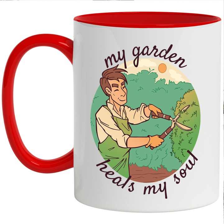 Cana Cu Om Gradinarind, Mesaj In Engleza My Garden Heals My Soul, Iubitorii De Natura Si Gradina, 330 ml, cu maner Rosu