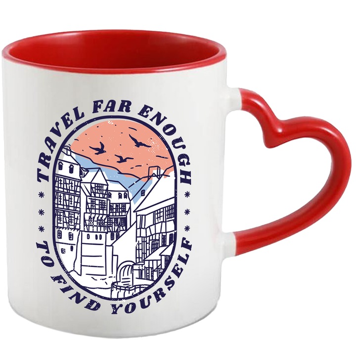 Cana Cu Citat De Calatorie Travel far Enough To Find Yourself, Peisaj Seara Oras Cladiri Inalte Intre Munti, Aventura, Iubitorii De Vacanta, 330 ml, cu maner Inima Rosie