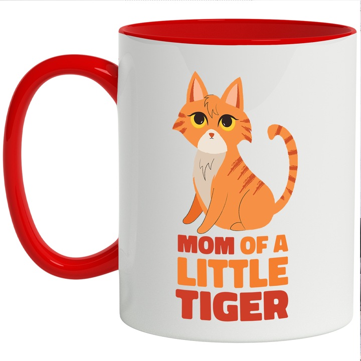 Cana Cu Pisica Portocalie, Mesaj In Engleza Mom Of A Little Tier, Pisici Si Motani, Iubitorii De Animale Pufoase, 330 ml, cu maner Rosu