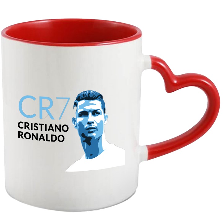Cana Cu Portret Cristiano Ronaldo, Jucator Football Cunoscut, Real Madrid, Sport De Echipa, 330 ml, cu maner Inima Rosie