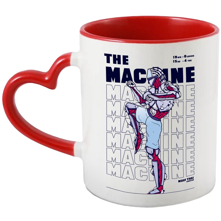 Cana Cu Om Robot In Pozitie De Karate, Text In Engleza The Machine, Inteligenta Artificaia, Iubitorii De Robotica, 330 ml, cu maner Inima Rosie