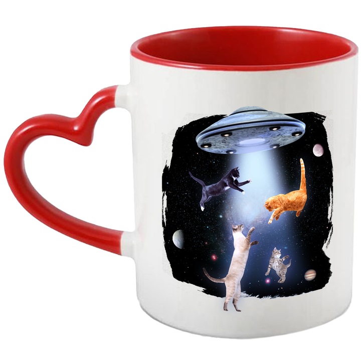Cana Cu Pisici In Spatiu, Nava Spatiala, Pisici Si Motani, SF, Multicolor 330 ml, cu maner Inima Rosie