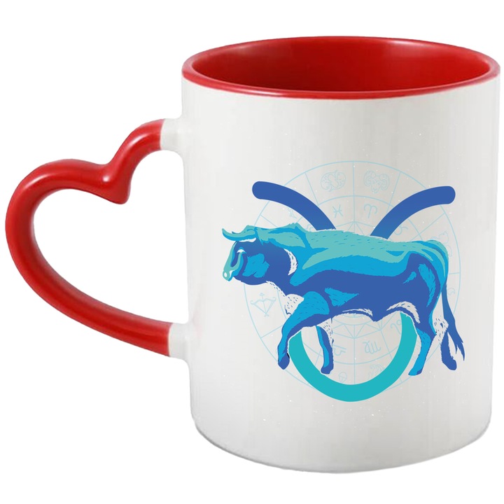 Cana Cu Semn Zodiac Taur, Animal Albastru Semn Simbolic Taurus, Mituri, Iubitorii De Zodiac, 330 ml, cu maner Inima Rosie