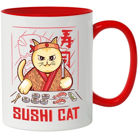 Чаша с котка в традиционна азиатска носия, която яде суши, английски ...