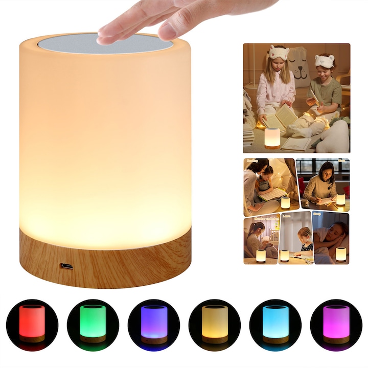 Lampa de veghe portabila, NUODWELL, Functie de schimbare a intesitatii si a culorii, Acumulator 1200 mAh, Control touch, Pentru dormitor, camera de zi, birou, masa de pat, RGB, Plastic, 9.5 x 12cm, Alb
