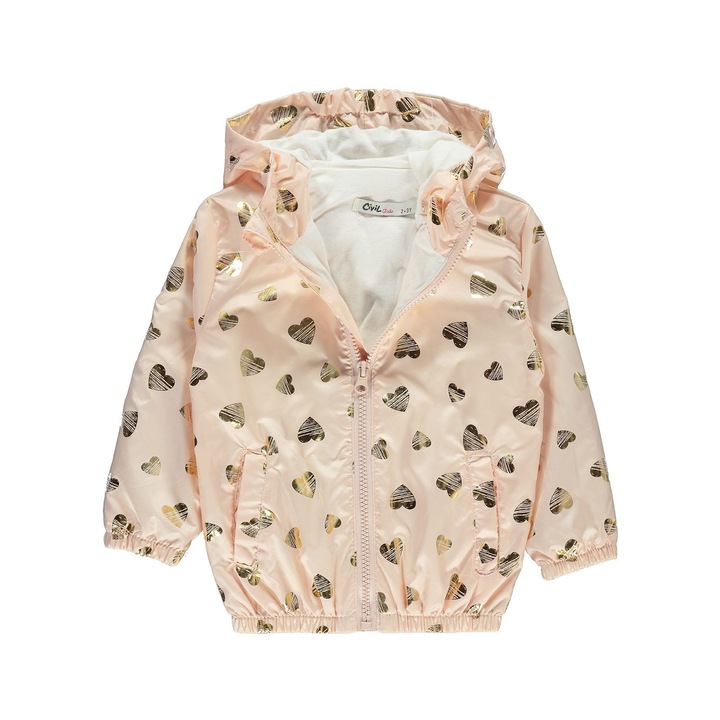 Jacheta HEARTS din fas cu gluga pentru copii/fetite, ERAKIDS, imprimeu "Inimioare", bumbac si poliester, Roz piersica