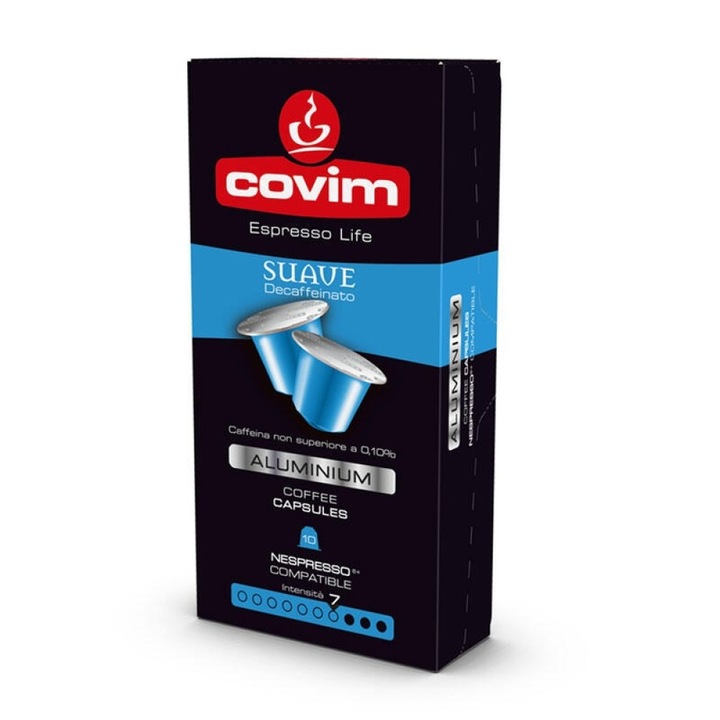 Алуминиеви кафе капсули Covim Suave Decaffeinato, безкофеиново кафе, за система Nespresso, 7\10 сила, 70 гр., 10 броя