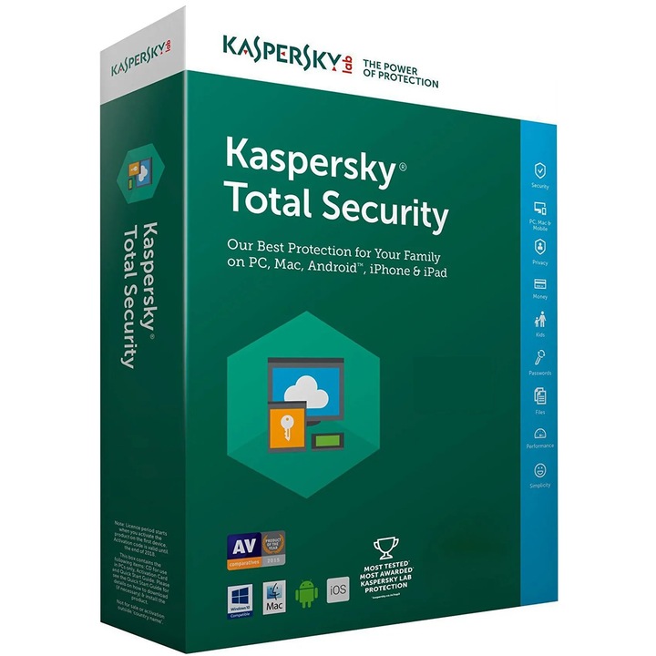 Antivirus Kaspersky Total Security 5 PC 1 An - Licenta electronica pentru PC, MAC, SMARTPHONE