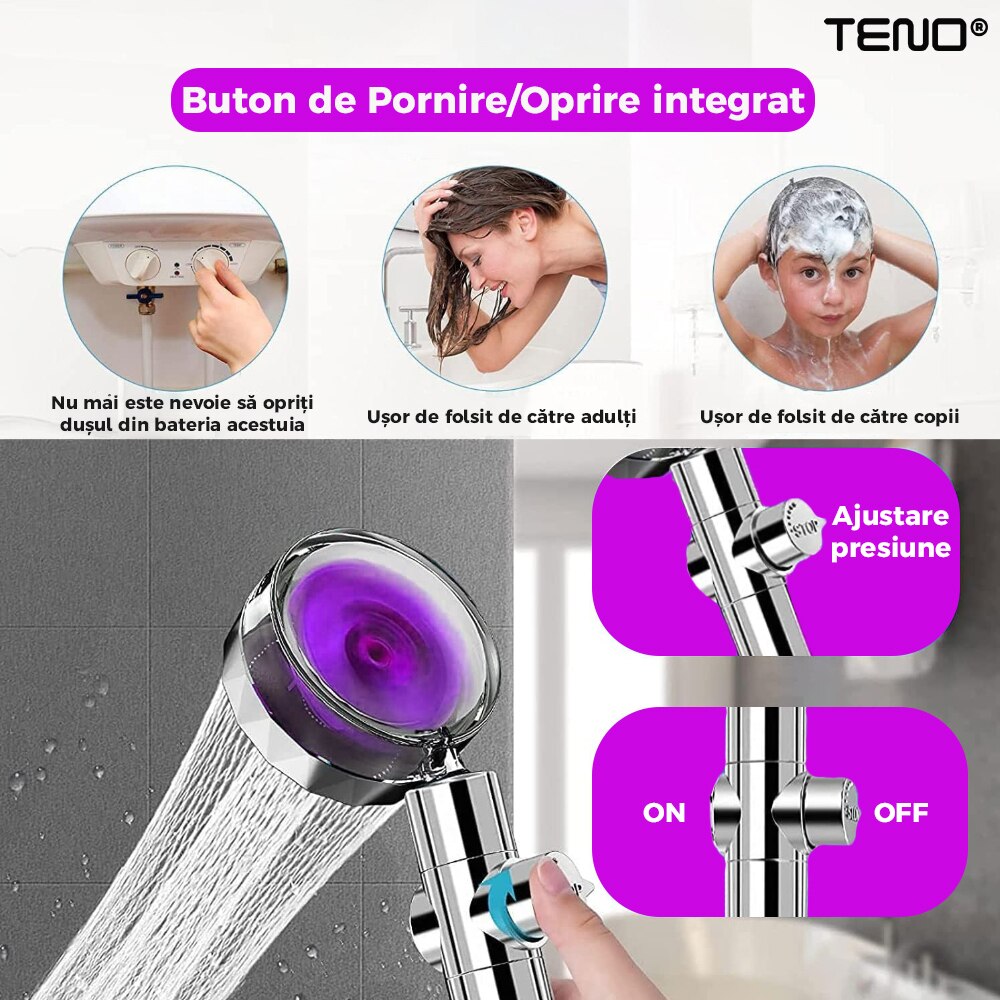 Para de Dus Turbo Teno®, 2 filtre extra, buton On/Off, presiune ...