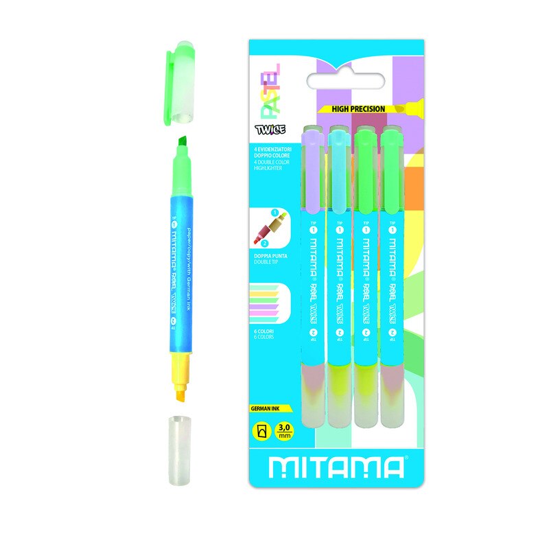 Set 4 Textmarkere colorate cu doua capete Mitama Pastel, diametru varf 1  mm, multicolor 