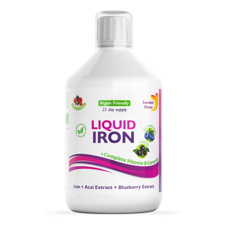 Fier Lichid – Complex cu 15 Ingrediente Active – Fier + Vitamina C + Complex B + Acai + Afine + Mix de Fructe si Verdeturi – Produs Vegan – 500 ml