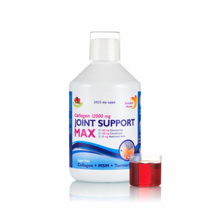 Swedish Nutra Joint Support Max – hidrolizált folyékony kollagén 1, 2 és 3 típusú 12 000 mg + hialuronsav + glükózamin + kondroitin + MSM + kurkuma + szelén + C és D3 vitamin – 500 ml