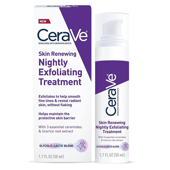 Серум за лице, CeraVe, Нощна ексфолираща терапия, против стареене, срещу пигментни петна, с гликолова киселина, млечна киселина и керамиди, 50 ml