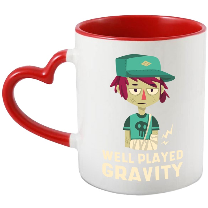 Cana Cu Mesajul Haios Well Played Gravity, Copil Cu Mana In Ghips, Copii, Iubitorii De Parkour, 330 ml, cu maner Inima Rosie