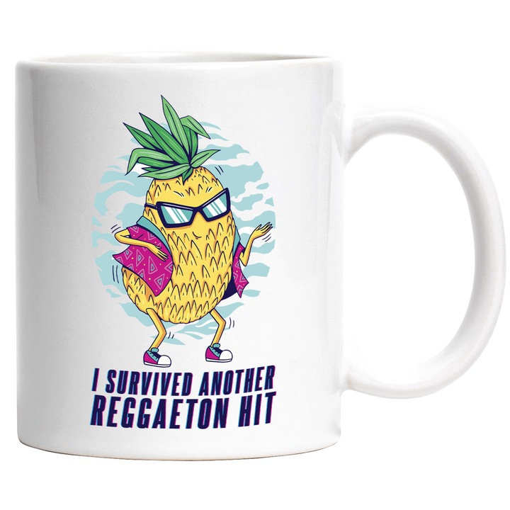 Cana Cu Ananas Pe Plaja Cu Ochelari DE Soare Dansand, Mesaj In Engleza I Survived Another Reggaeton Hit, Iubitorii De Petrecere, 330 ml, cu maner Alb