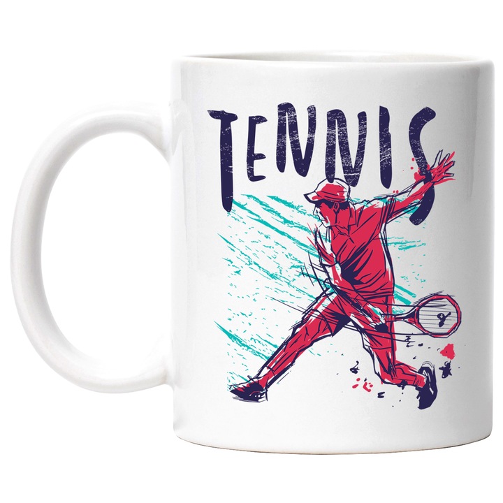 Cana Cu Om Jucand Tenis De Camp, Text In Engleza Tennis, Jocuri, Iubitorii De Sport In Echipa, Multicolor 330 ml, cu maner Alb