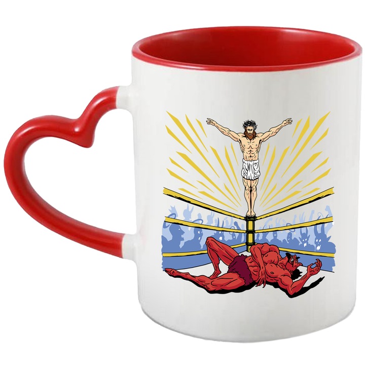 Cana Cu Iisus In Ring Invingator Fata De drac, Credincios, Iubitorii De Spiritualitate, 330 ml, cu maner Inima Rosie