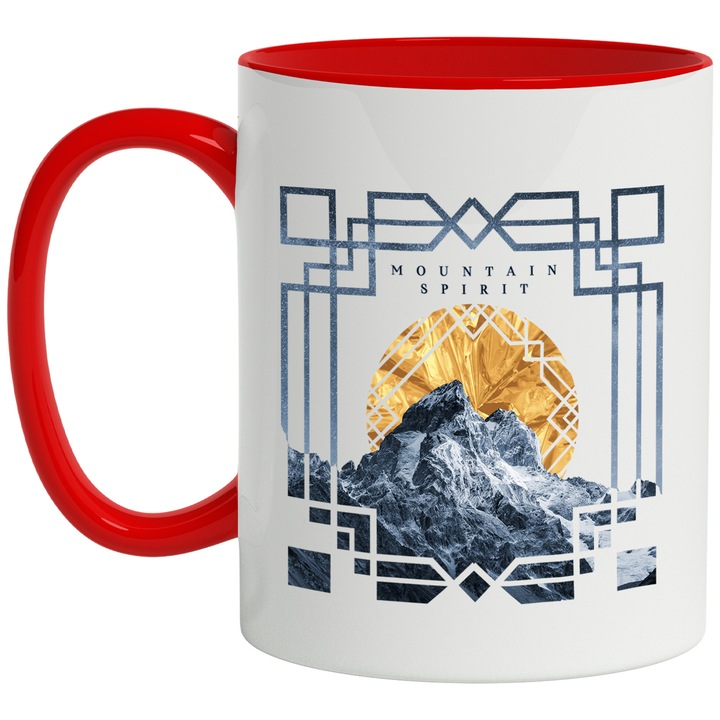 Cana Cu Text In Engleza Mountain Spirit, Apus De Soare, Stanci Inalte, Munte, Aventura, Camping, Multicolor 330 ml, cu maner Rosu