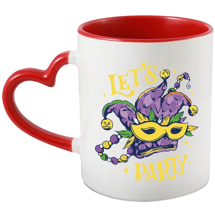 Cana Cu Masca De Carnaval Mov, Text In Engleza Let's Party, Mardi, Petrecere, Multicolor 330 ml, cu maner Inima Rosie