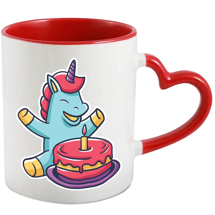 Cana Cu Uncorn Albastru aniversar Sufland In Lumanari, Copii, Iubitorii De Dsene animate, 330 ml, cu maner Inima Rosie