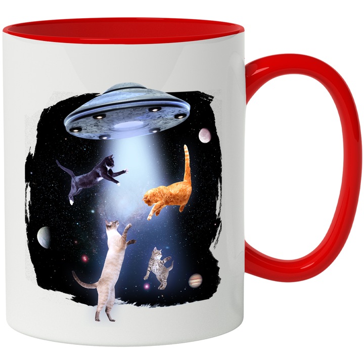 Cana Cu Pisici In Spatiu, Nava Spatiala, Pisici Si Motani, SF, Multicolor 330 ml, cu maner Rosu