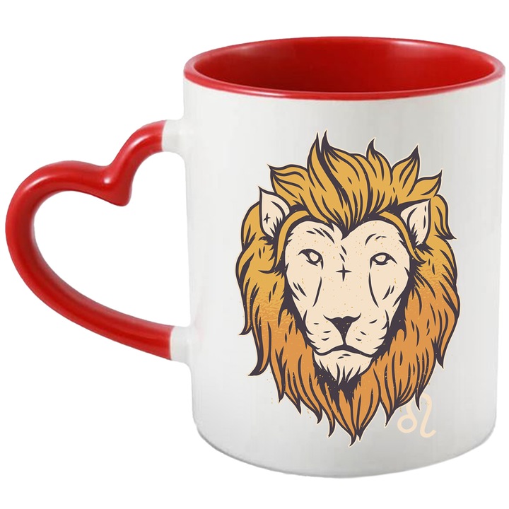 Cana Cu Semn Zodiac Leu, Portre Regele Junglei, Leo, Semn Simbolic Iubitorii De Zodiac, 330 ml, cu maner Inima Rosie