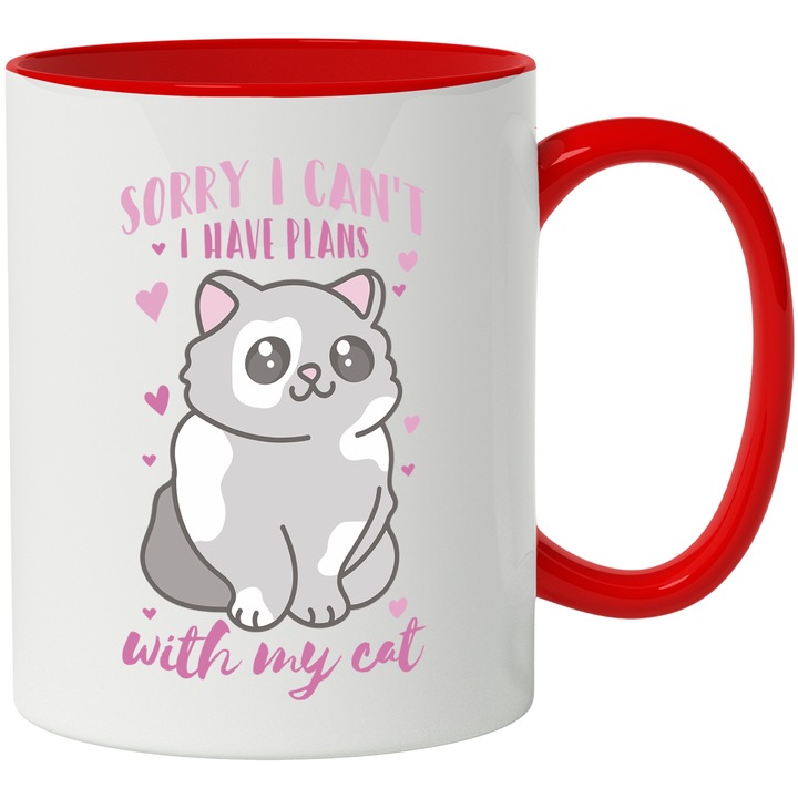 Cana Cu Pisica Gri, Sorry I Can, t I Have Plans With My Cat, Pisici Si Motani, Iubitorii De Animale balnoase, 330 ml, cu maner Rosu