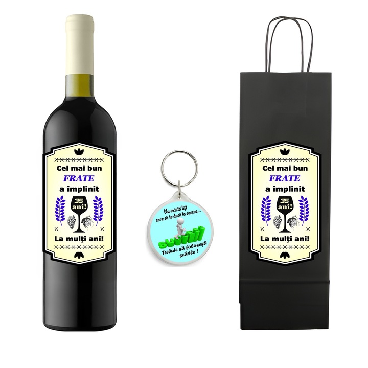 Set personalizat sticla de vin rosu, demisec, Feteasca Neagra, 750 ml, breloc succes si punga de cadouri cu imprimeu Cel mai bun frate a implinit 35 ani