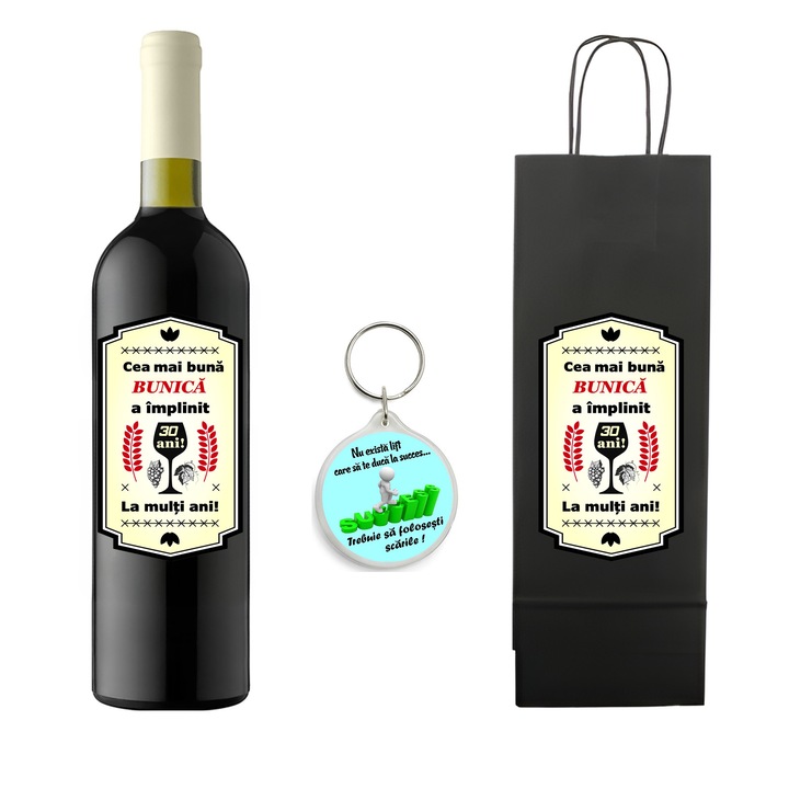 Set personalizat sticla de vin rosu, demisec, Feteasca Neagra, 750 ml, breloc succes si punga de cadouri cu imprimeu Cea mai buna bunica a implinit 30 ani