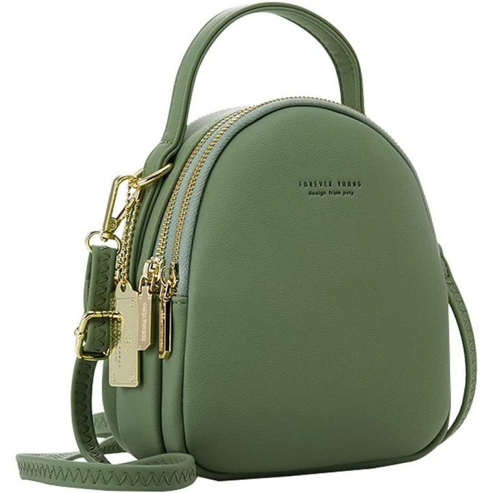 Rucsac dama piele ecologica, 3 compartimente, verde, 25x20x10cm