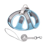 Set ham/ lesa, zggzerg, cu vesta captusita, din plasa respirabila, Moale si confortabil, Design reflectorizant pentru calatorii sigure pe timp de noapte, pentru caini si pisici, marimea S, dimensiune gat 32-38 cm si piept 40-45 cm, Albastru/Gri