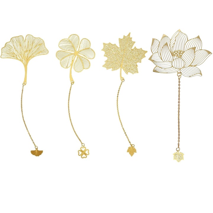 Set 4 Semn de carte metalic, JENUOS®, Floare de lotus, ginkgo biloba, Frunze de artarm, trifoi cu patru frunze, 5x6x1 cm, Auriu