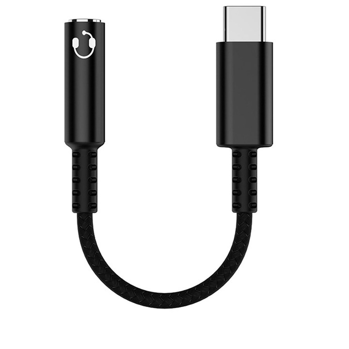 Adaptor audio pentru telefon, JENUOS®, USB Type C - Jack 3.5 mm, Compatibil cu Samsung, Mic si Portabil, Ultra High Quality, Plug and Play, Negru