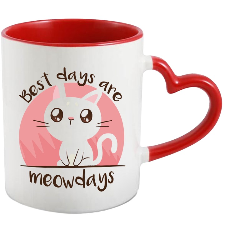 Cana Cu Pisica Alba Cu Nas Roz, Mesaj In engleza Best Days Are Meowdays, Pisici Si Motani, Iubitorii De Animale balnoase, 330 ml, cu maner Inima Rosie