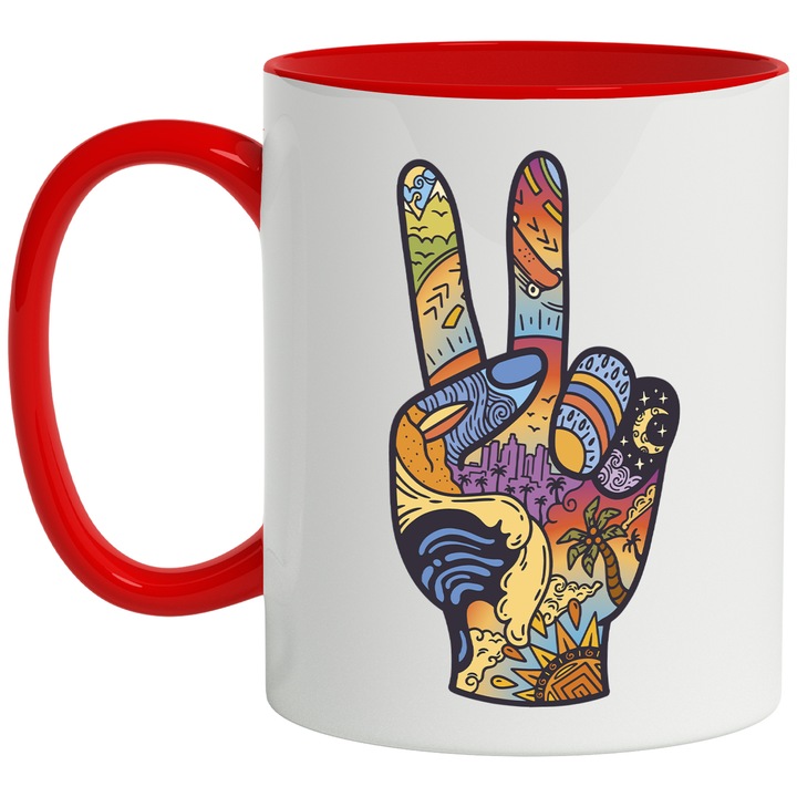 Cana Cu Mana Aratand Semnul Peace, Pace, Cultura Hippie, Buna Stare, Natura, Multicolor 330 ml, cu maner Rosu