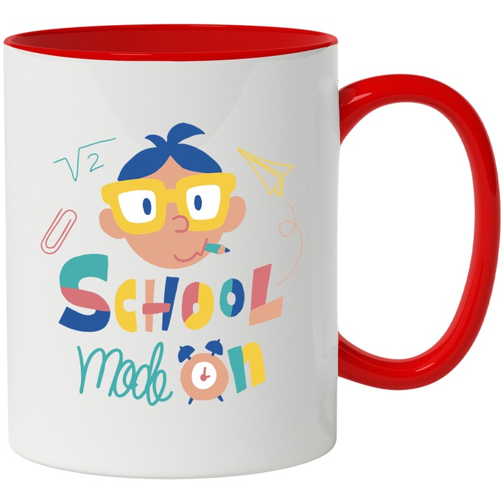 Cana Cu Fata Copil Cu Ochelari Si Creion, Text In Engleza School Mode On, Iubitorii DE Scoala, 330 ml, cu maner Rosu
