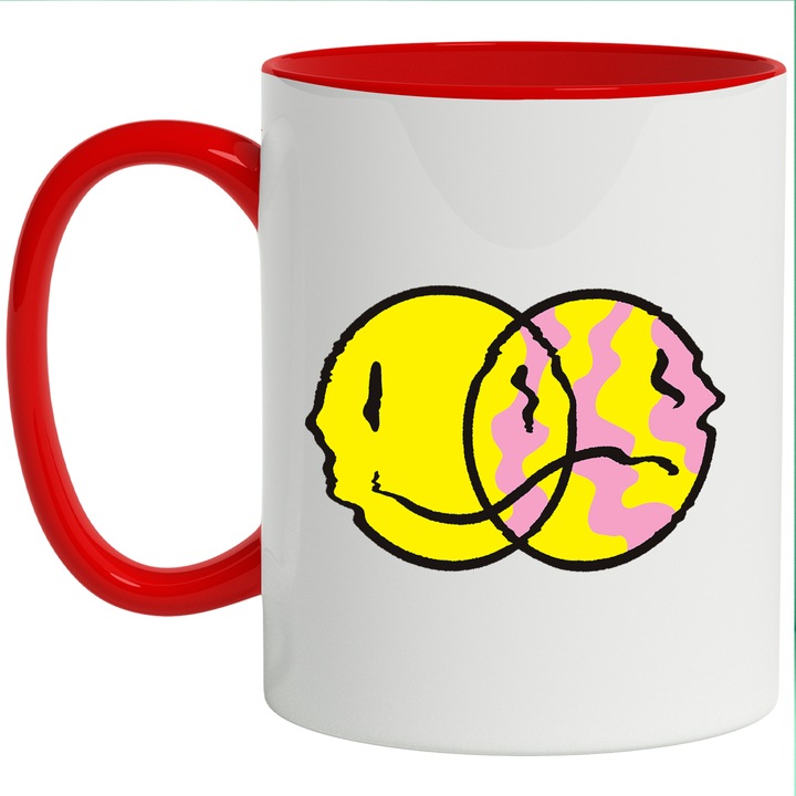 Cana Cu Happy and Sad Emojy, Emoticaone galbene, Digital, Smiley Face 330 ml, cu maner Rosu