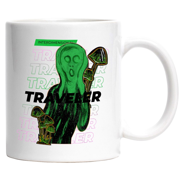 Cana Cu Extraterestru, Text In Engleza Traveler, Influenta Leonardo Da Vinci, Iubitorii De Arta Abstracta, 330 ml, cu maner Alb
