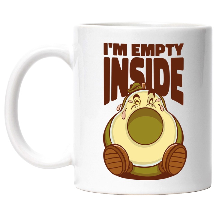 Cana Cu Fruct Avocado fara Sambure Plangand, Text In Engleza I'm Empty Inside, Haios, Iubitorii De Glume, 330 ml, cu maner Alb