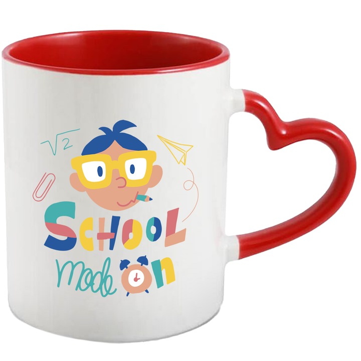 Cana Cu Fata Copil Cu Ochelari Si Creion, Text In Engleza School Mode On, Iubitorii DE Scoala, 330 ml, cu maner Inima Rosie