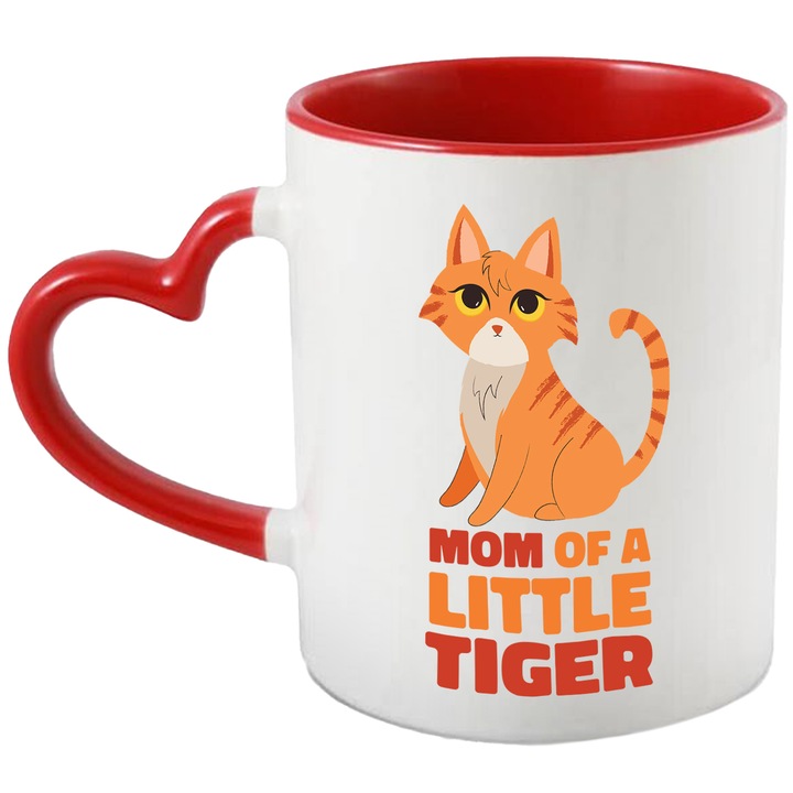 Cana Cu Pisica Portocalie, Mesaj In Engleza Mom Of A Little Tier, Pisici Si Motani, Iubitorii De Animale Pufoase, 330 ml, cu maner Inima Rosie