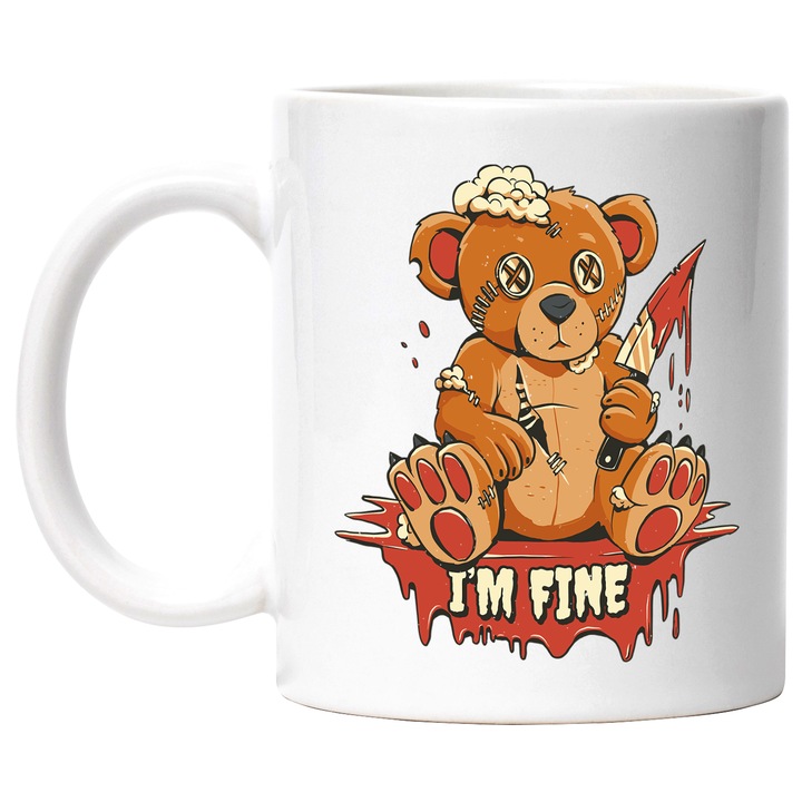 Cana Cu Ursulet De Plus Ranit Taiat Cu Un Cutit Cu Sange, Text In Engleza I'm Fine, Iubitorii De anime Multicolor 330 ml, cu maner Alb