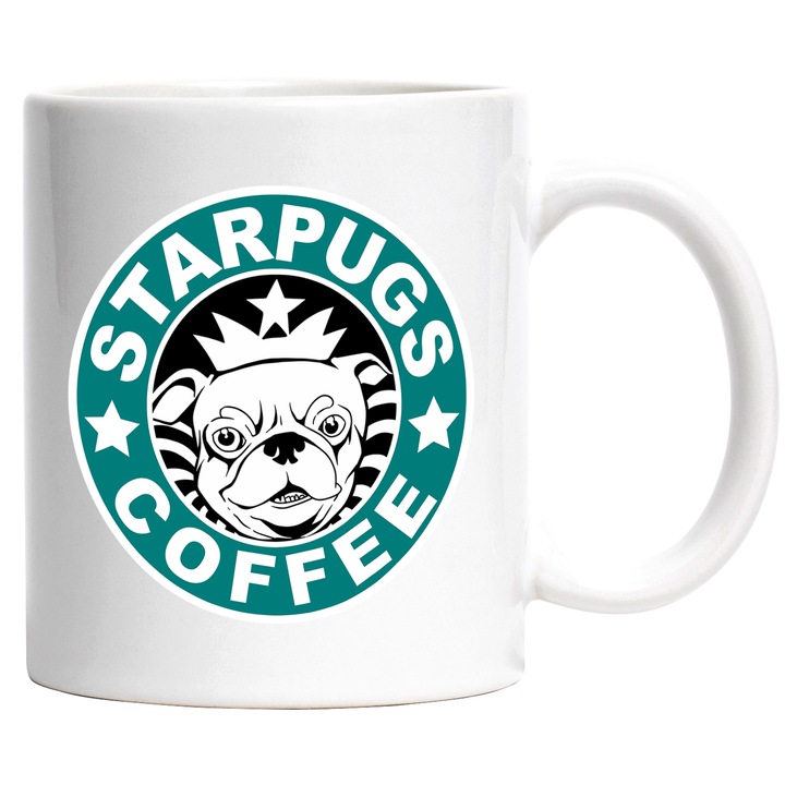 Cana Cu Starpugs Coffe, Text In Engleza Haios, Emblema cU Portret Bulldog, Iubitorii De Cafea Si Animale, 330 ml, cu maner Alb