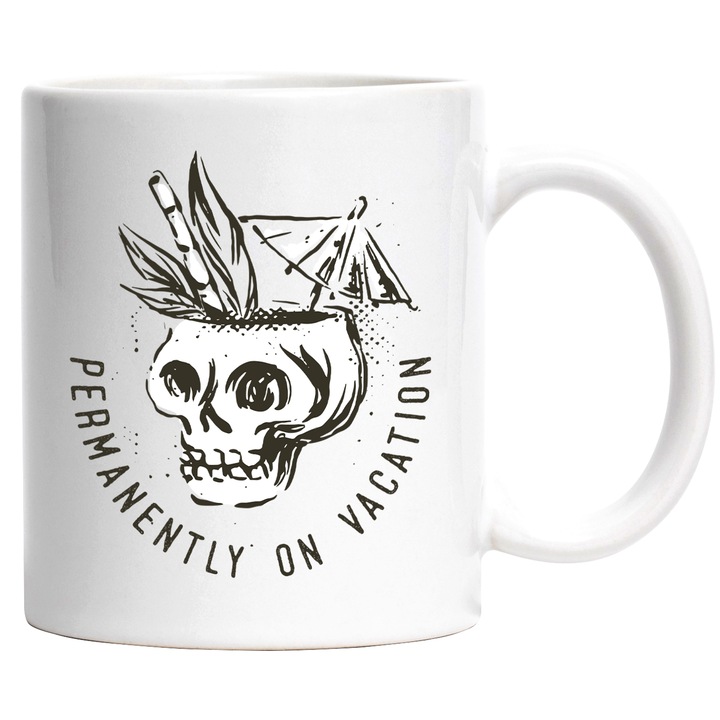 Cana Cu Text In Engleza Permanently On Vacantion, Craniu Ca Phar De racoritoare, Vacanta, Palmieri, Negru 330 ml, cu maner Alb