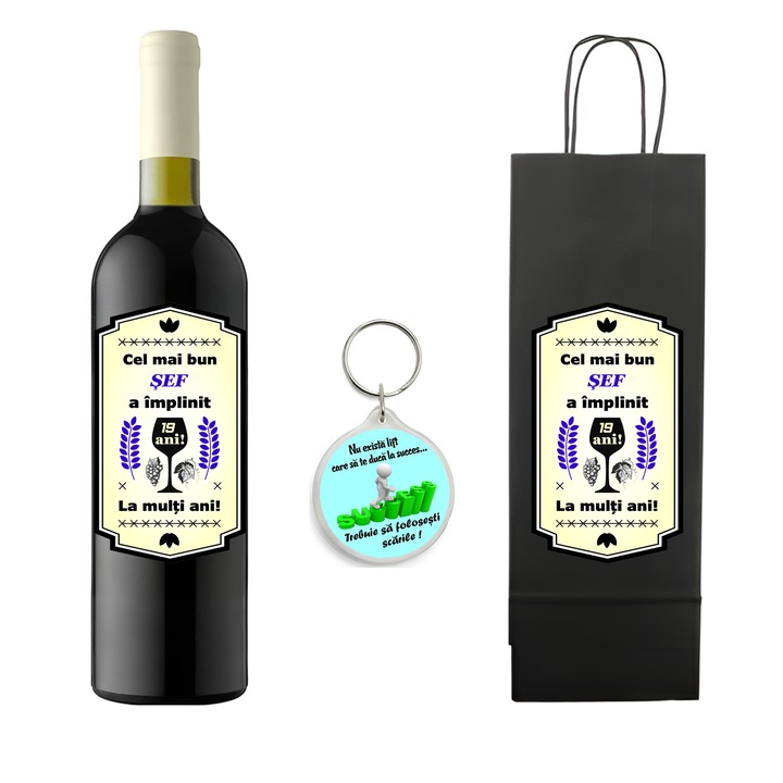 Set personalizat sticla de vin rosu, demisec, Feteasca Neagra, 750 ml, breloc succes si punga de cadouri cu imprimeu Cel mai bun sef a implinit 19 ani