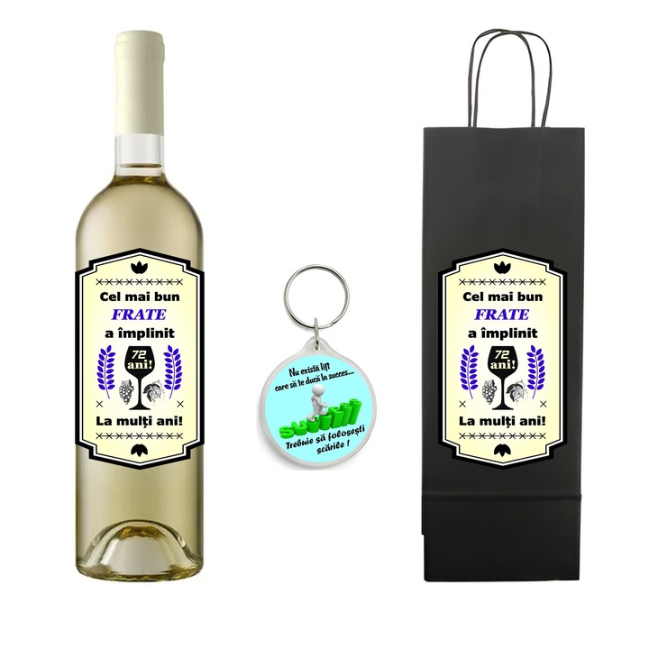 Set personalizat sticla de vin alb, demisec, Sauvignon Blanc, 750 ml, breloc succes si punga de cadouri cu imprimeu Cel mai bun frate a implinit 72 ani
