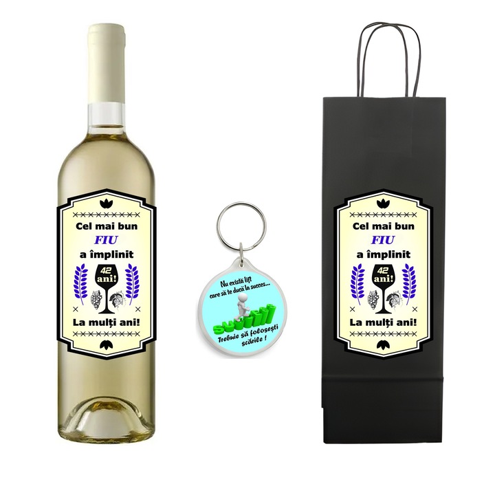 Set personalizat sticla de vin alb, demisec, Sauvignon Blanc, 750 ml, breloc succes si punga de cadouri cu imprimeu Cel mai bun fiu a implinit 42 ani