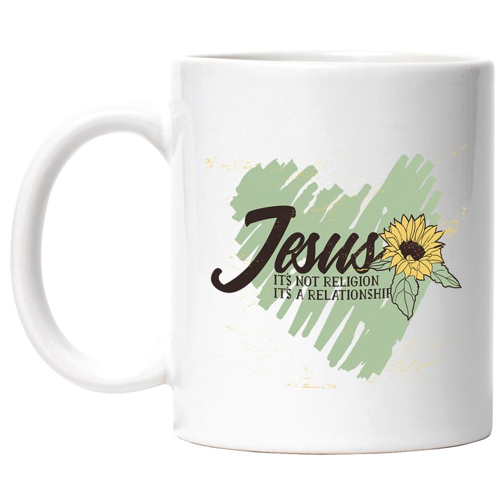 Cana Cu Mesaj In Engleza Jesus It's Not Religion It's A Relationship, Floare Galbena, Iisus, credinta 330 ml, cu maner Alb