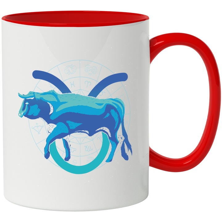 Cana Cu Semn Zodiac Taur, Animal Albastru Semn Simbolic Taurus, Mituri, Iubitorii De Zodiac, 330 ml, cu maner Rosu